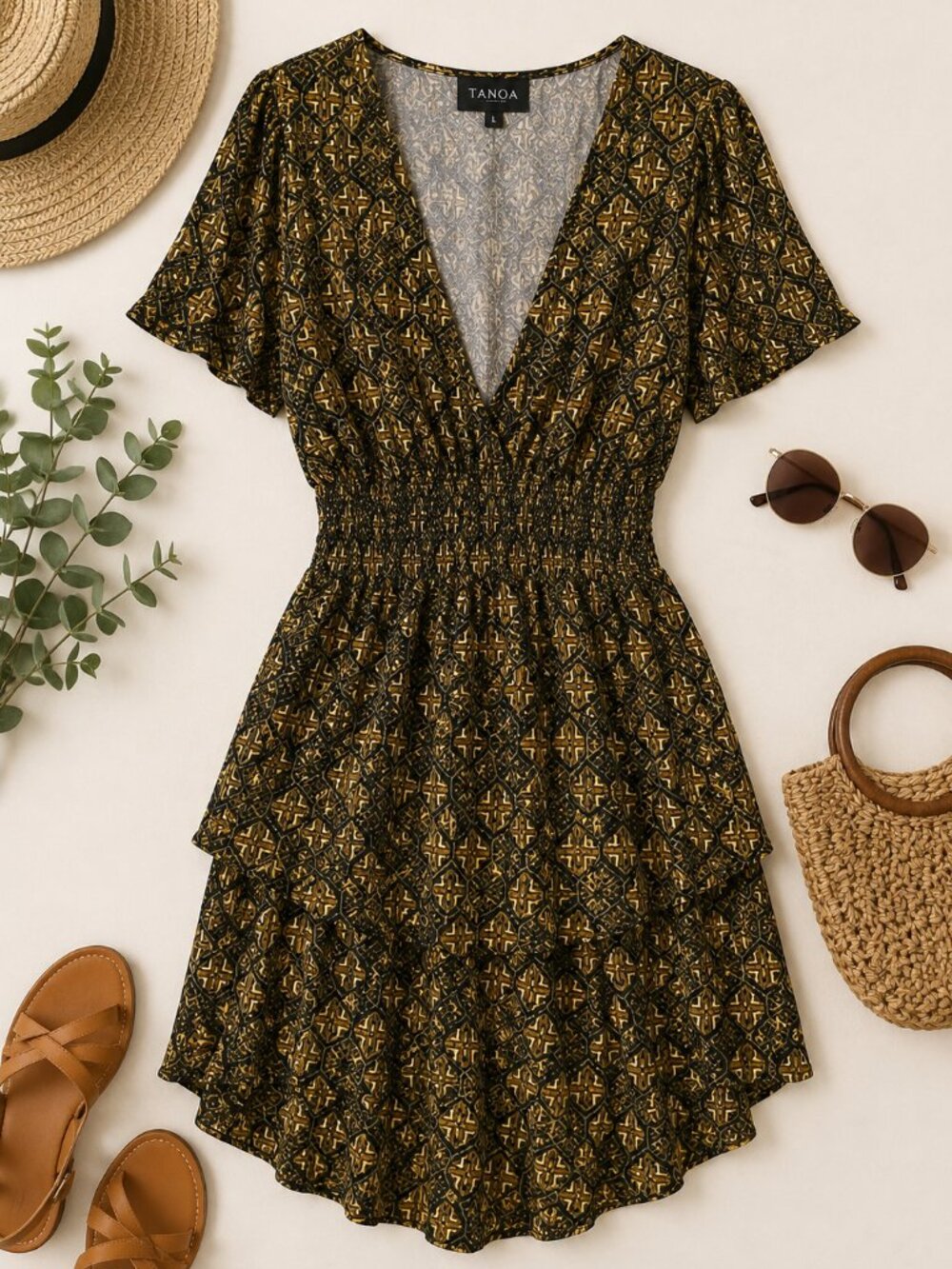 Tanoa Rayon Boho Mini Dress Large Smocked Waist V-Neck Short Sleeve
